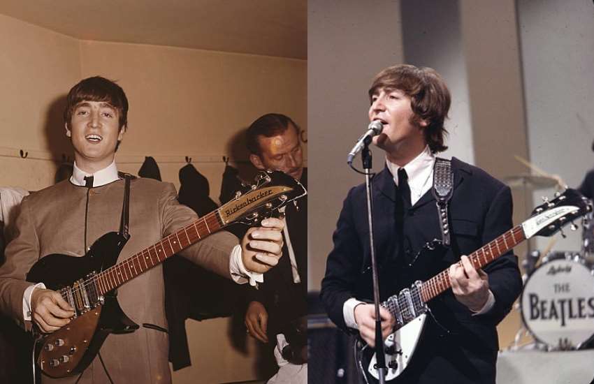 John Lennon no camarim e em show usando sua Rickenbacker 325 - guitarra elétrica